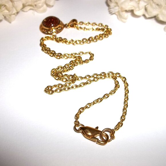 Orange Sandstone Sunstone Faux Gemstone Necklace Gold Pendant Circle Girl D018 - Picture 4 of 5